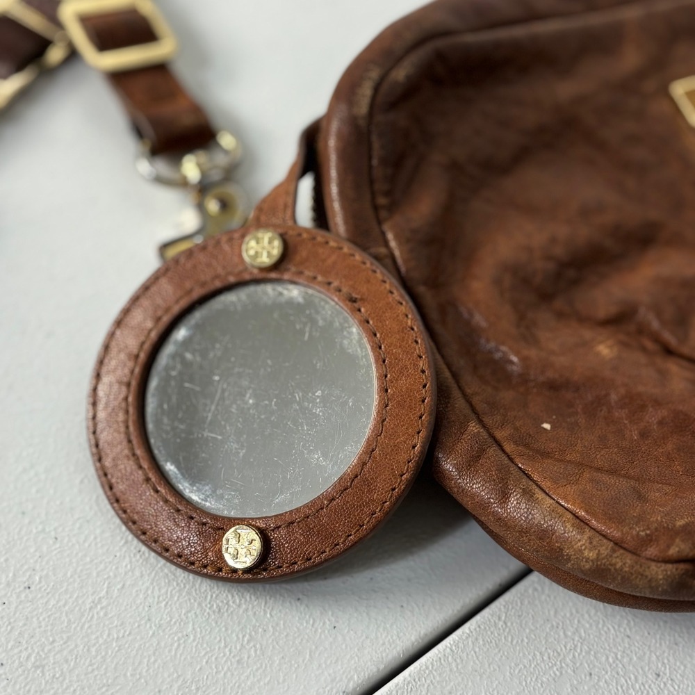 Vtg Tory Burch Amanda Brown Distressed Leather Crossbody Bag Zip Top Chain Strap - Picture 4 of 10